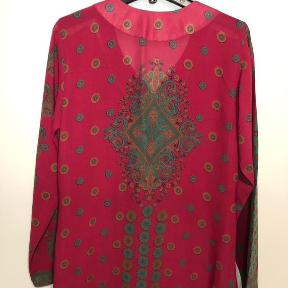 Kurti Magenta Blue Print Long Sleeve Side Slits Sheer Lightweight Tunic Dress - Picture 4 of 13